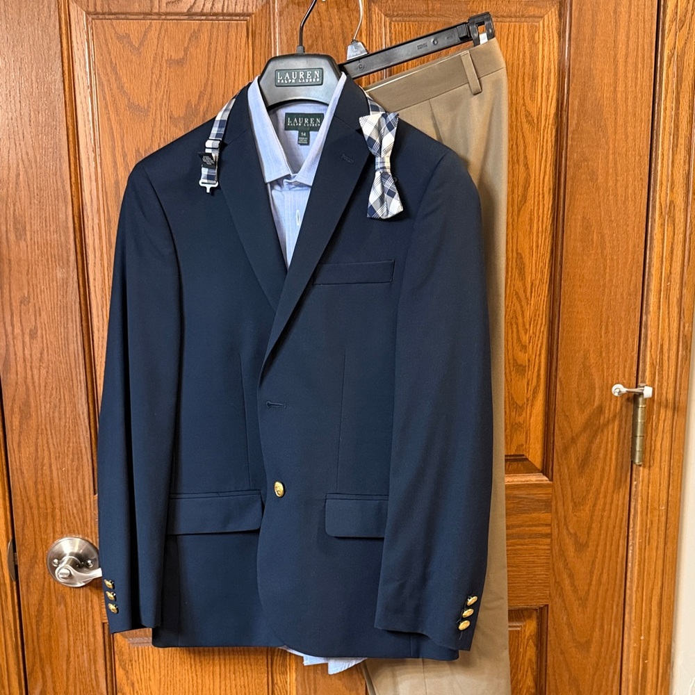 Boys 14 Regular Ralph Lauren Navy Blue Blazer, Bowtie, Long Sleeve Shirt and Tan